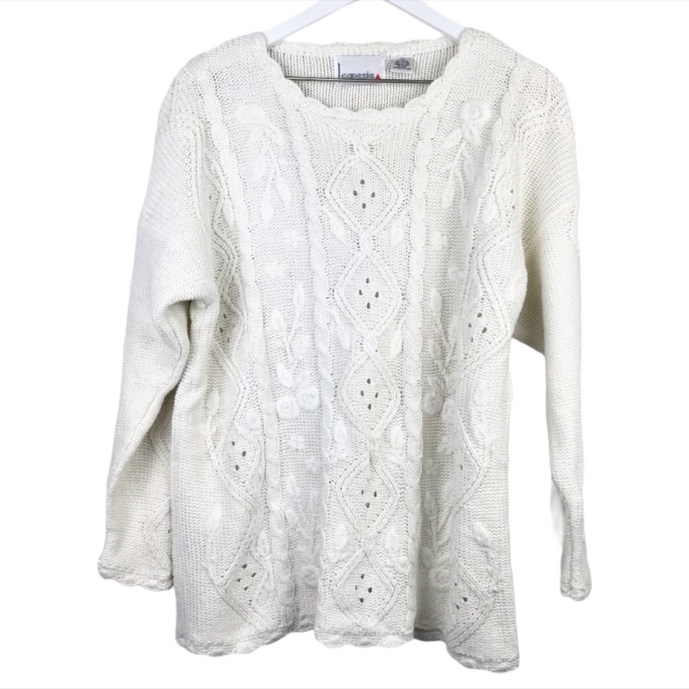 Capezio Vtg White Cable Knit Embroidered Sweater Sz L